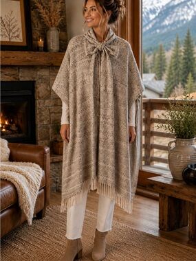 Vintage Handwoven Wool Poncho / Cape with Scarf Tie